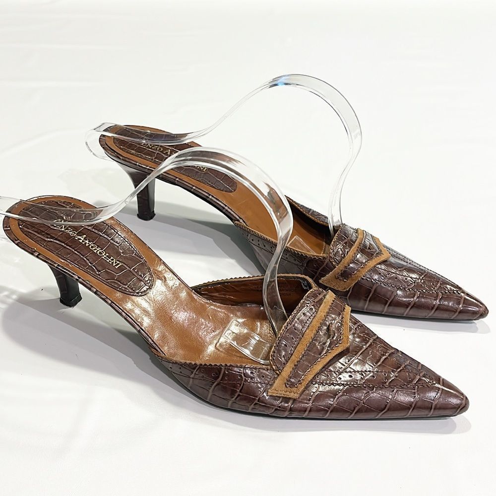 Enzo Angiolini embossed brown pointed heels mules sz 10